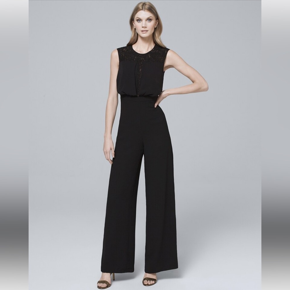 White House Black Market Lace Inset-Bodice Black Wide-Leg Jumpsuit